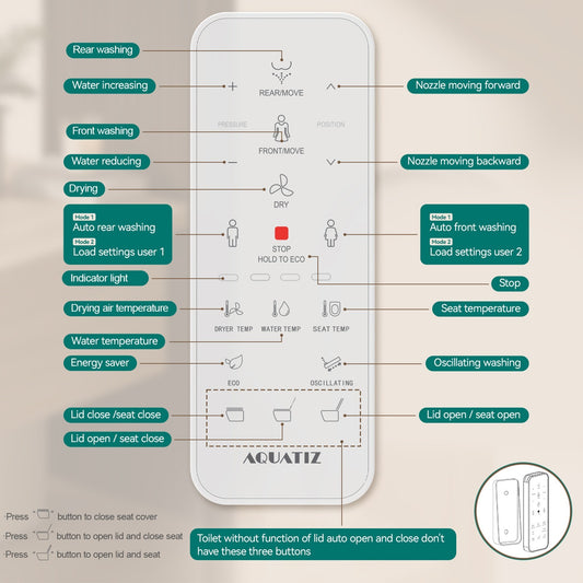 AQUATIZ D-Shaped Smart Bidet Seat, Auto Open/Close Lid, Oscillating Wash