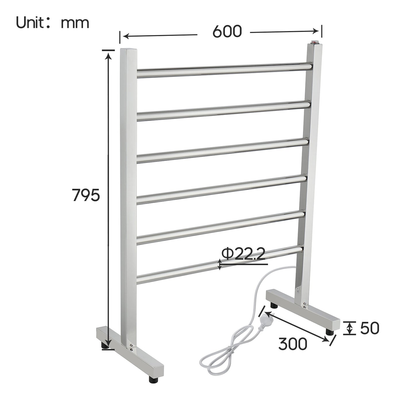 Heated Towel Rail Free Standing 6 Bar Chrome 304 Stainless Steel