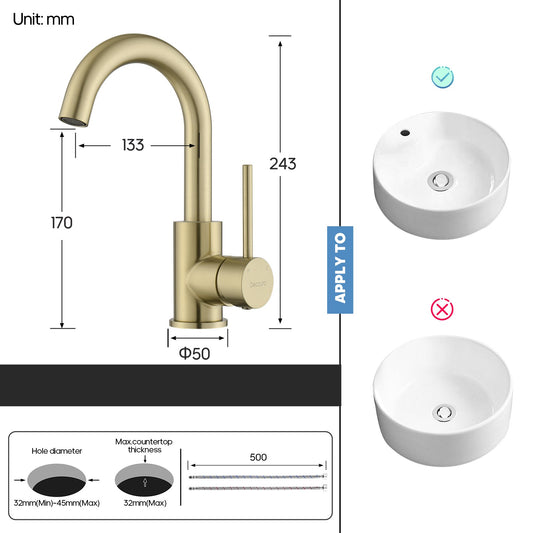 Decaura Brushed Gold Bathroom Basin Mixer Tap Round Swivel Arm Vanity Faucet