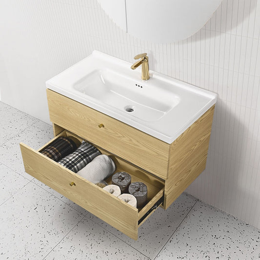 Simplus Bathroom Vanity Unit Cabinet Storage Wall Hung Sink Ceramic Basin 900MM