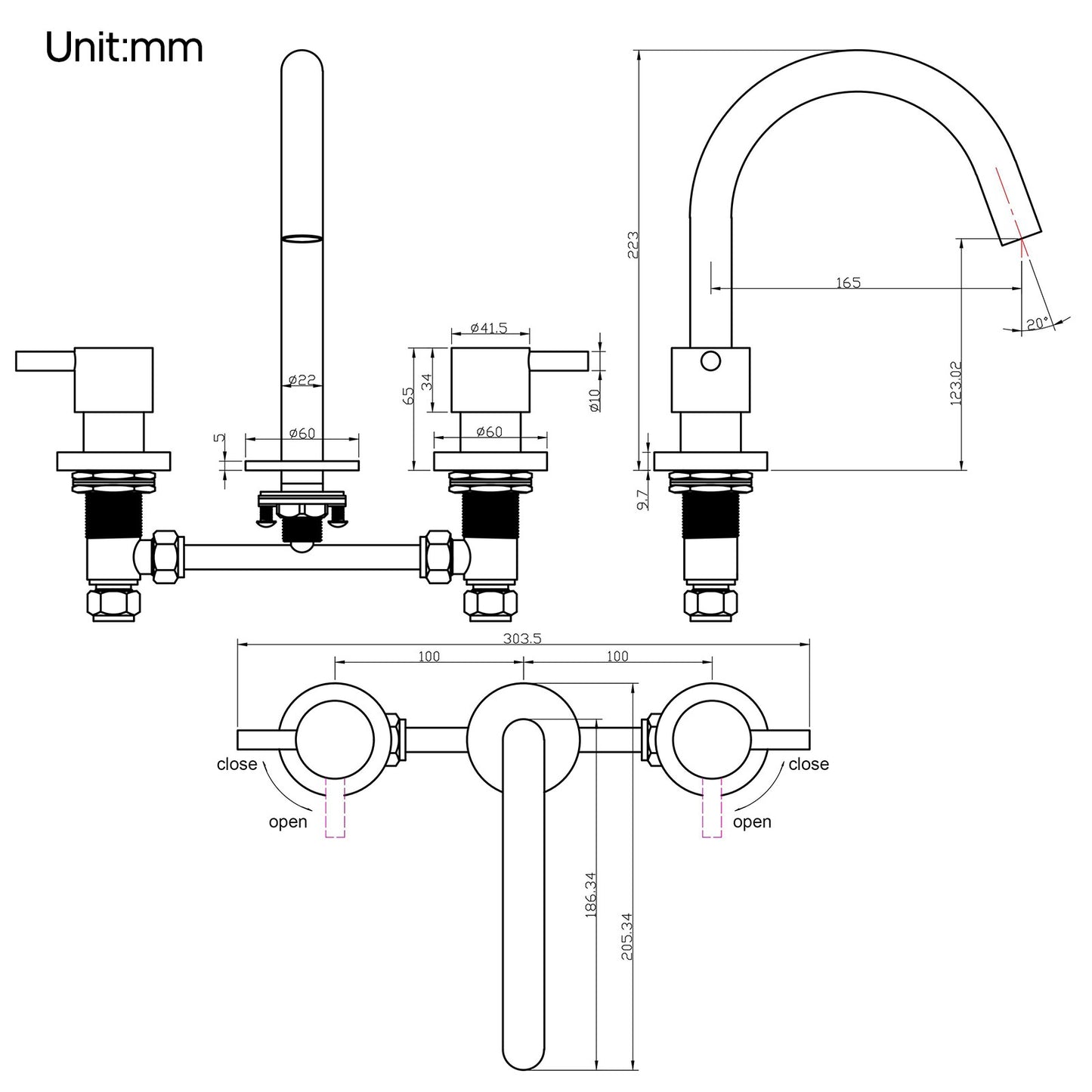 Decaura Black Basin Tap Set Two Handles 360° Swivel Spout and 1/4 turn Mixers