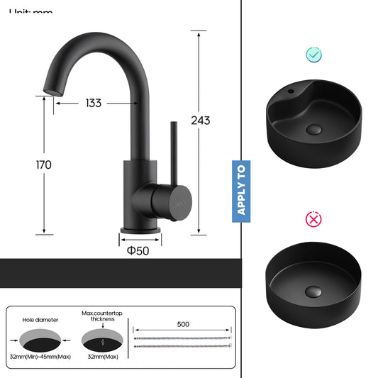 Decaura Black Basin Mixer Tap Swivel Arm Bathroom Vanity Sink Faucet Round Form