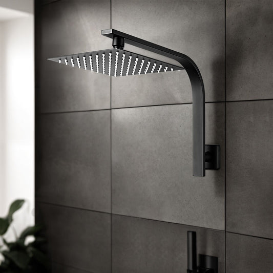 Simplus 8" Rain Shower Head Set Square Gooseneck Shower Arm Wall Mounted Black