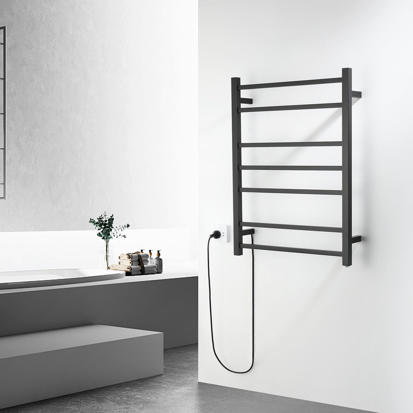 Decaura Square Heated Towel Rail 7 Bars Wall Mounted Black 10 Year Warranty