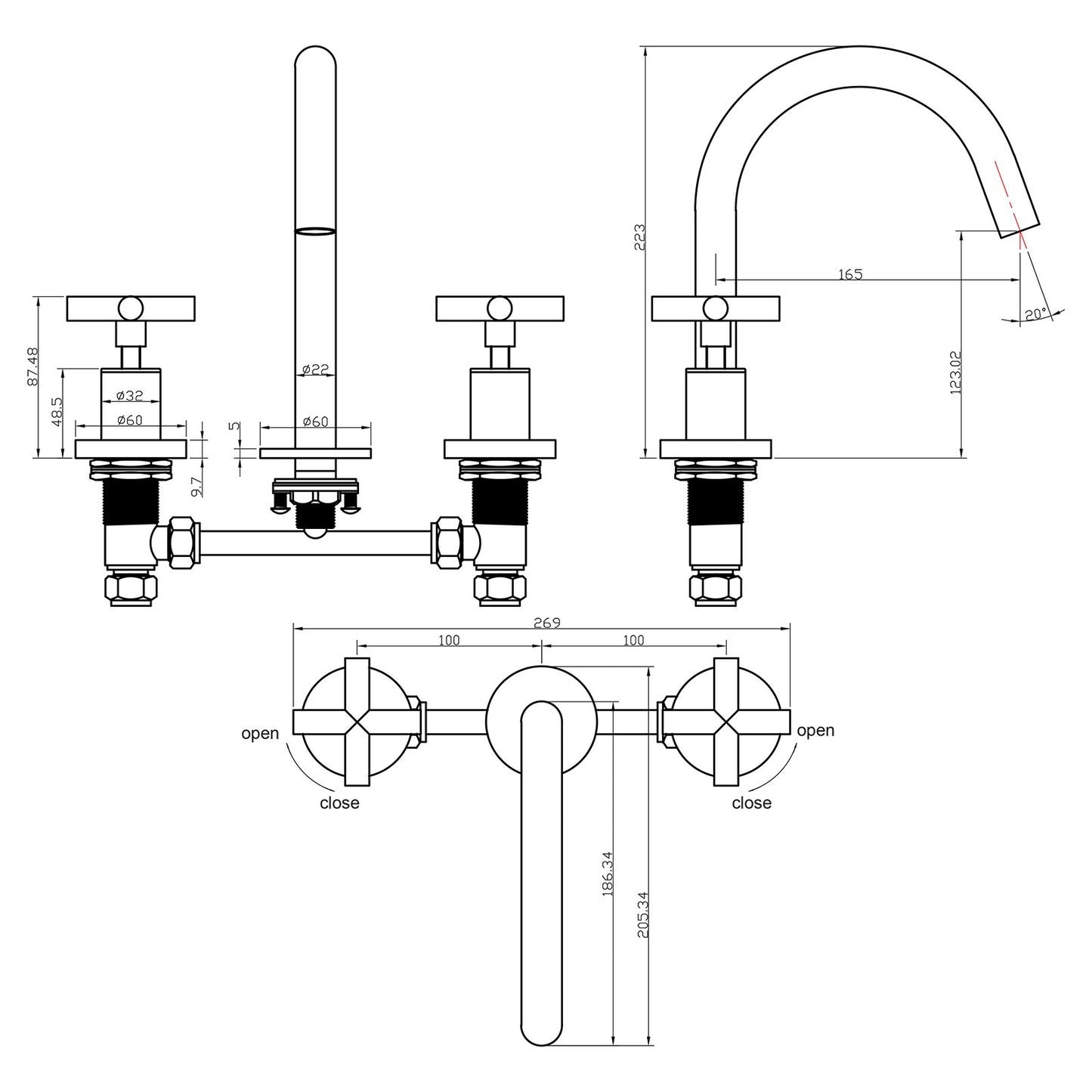 Decaura Black Basin Tap Set Cross Handle 1/4 Turn Swivel Spout Bathroom Vanity