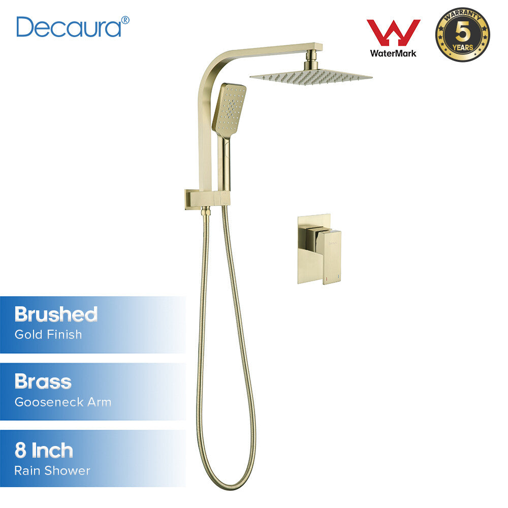 Decaura 8" Rain Shower Head Set Brushed Gold Square Gooseneck Arm Shower Taps