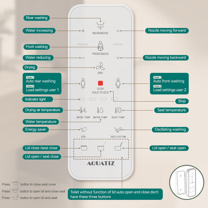 AQUATIZ D-Shaped Smart Bidet Seat, Auto Open/Close Lid, Oscillating Wash