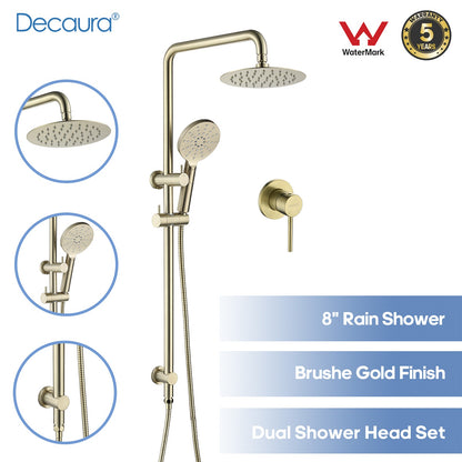 Decaura Shower Head Set Brushed Gold Round Rail Set Shower Mixer Tap Wall Mount