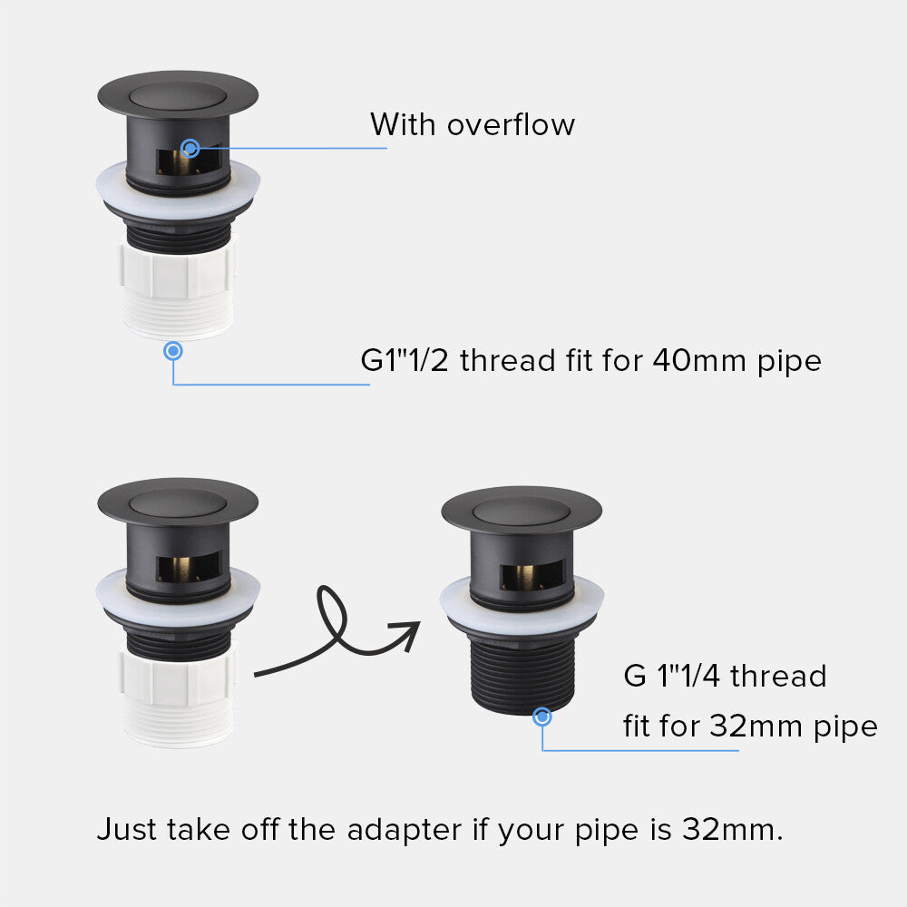 Basin Pop Up Waste Plug With Overflow 32/40mm Black Bathroom Vanity Stainless