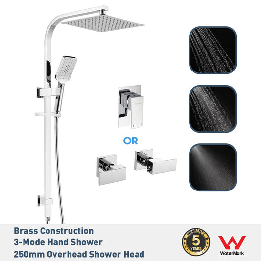 Square Shower System 250mm Rain Shower with Gooseneck Arm Wall Mounted Tapware