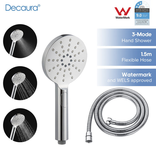 WELS Round Hand Held Shower Head+1.5m Shower Hose 3-Mode Spray Chrome