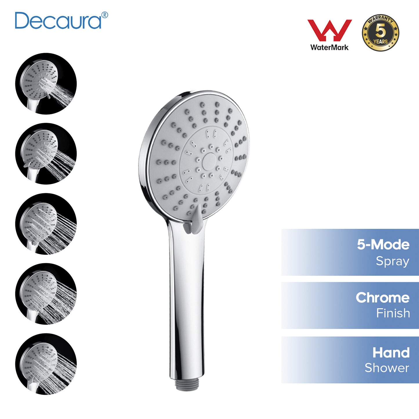 Decaura New Hand Held Shower Head with 5-Mode Spray Chrome Round Bathroom ABS