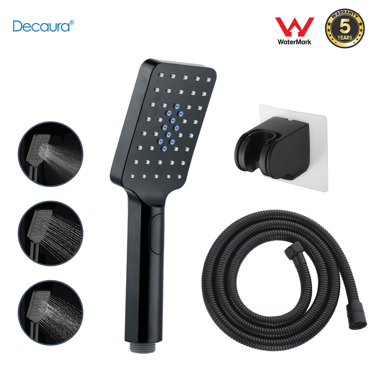Hand Held Shower Head Set Black Square with Adhesive Head Holder and 1.5m Hose