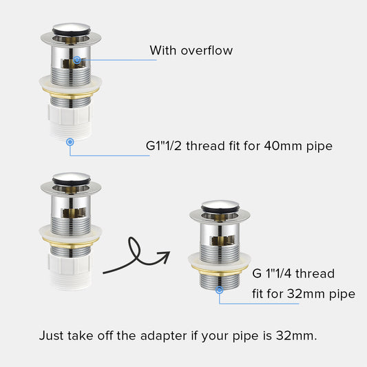 Decaura Pop Up Waste with Overflow Vanity Basin Push Plug Drain 32mm Chrome