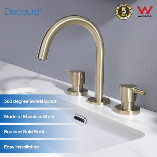Decaura Basin Tap Set Brushed Gold Swivel Spout 1/4 turn Taps Two Lever Handle