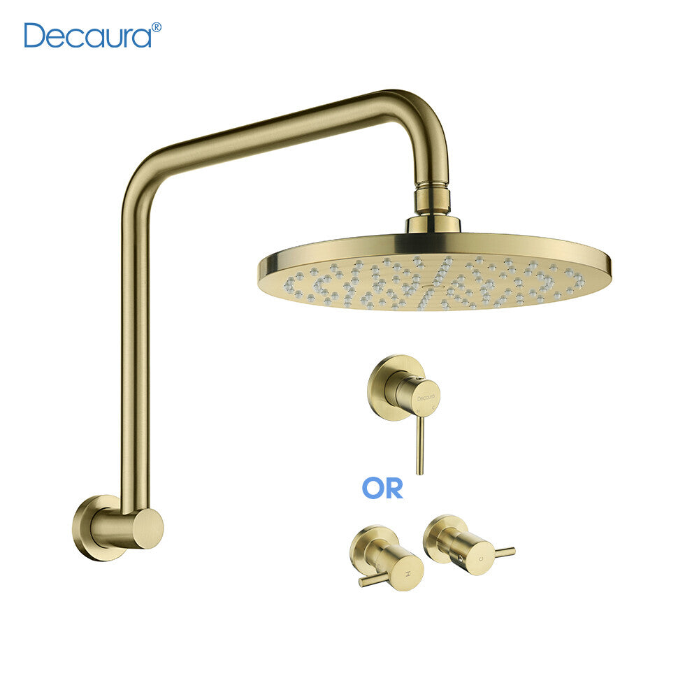 Decaura Rain Shower Head Set Gooseneck Shower Arm Brushed Gold Shower Taps