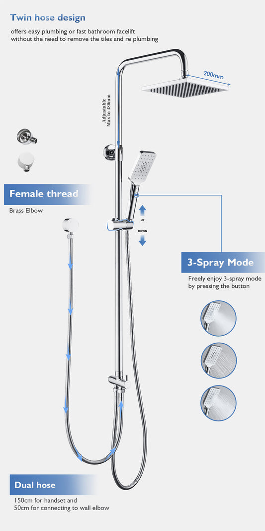 Decaura Shower Head Set 2-Hose Design Square 8" Rain Shower Wall Tapware Chrome