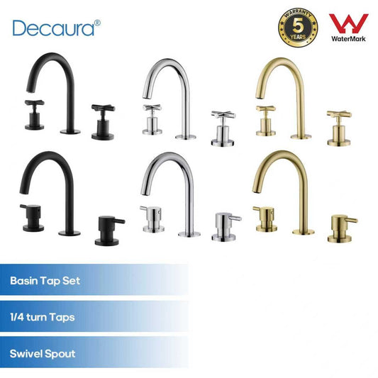 Decaura Basin Tap Set 1/4 Turn Swivel Spout Deck Mounted Gold/Black/Silver
