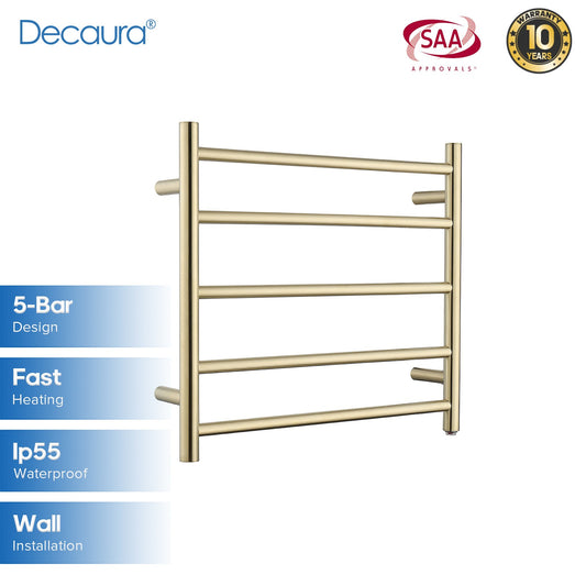 Heated Towel Rail Wall Mounted Brushed Gold Round 5 Rungs 304 Stainless Steel