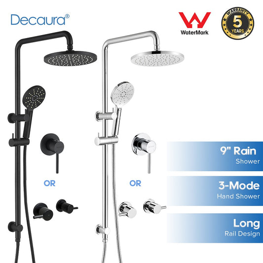Decaura 9" Rain Shower Head Mixer Set Gooseneck Arm Sliding Rail Chrome Or Black