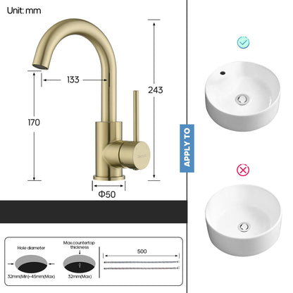 Decaura Brushed Gold Bathroom Basin Mixer Tap Round Swivel Arm Vanity Faucet