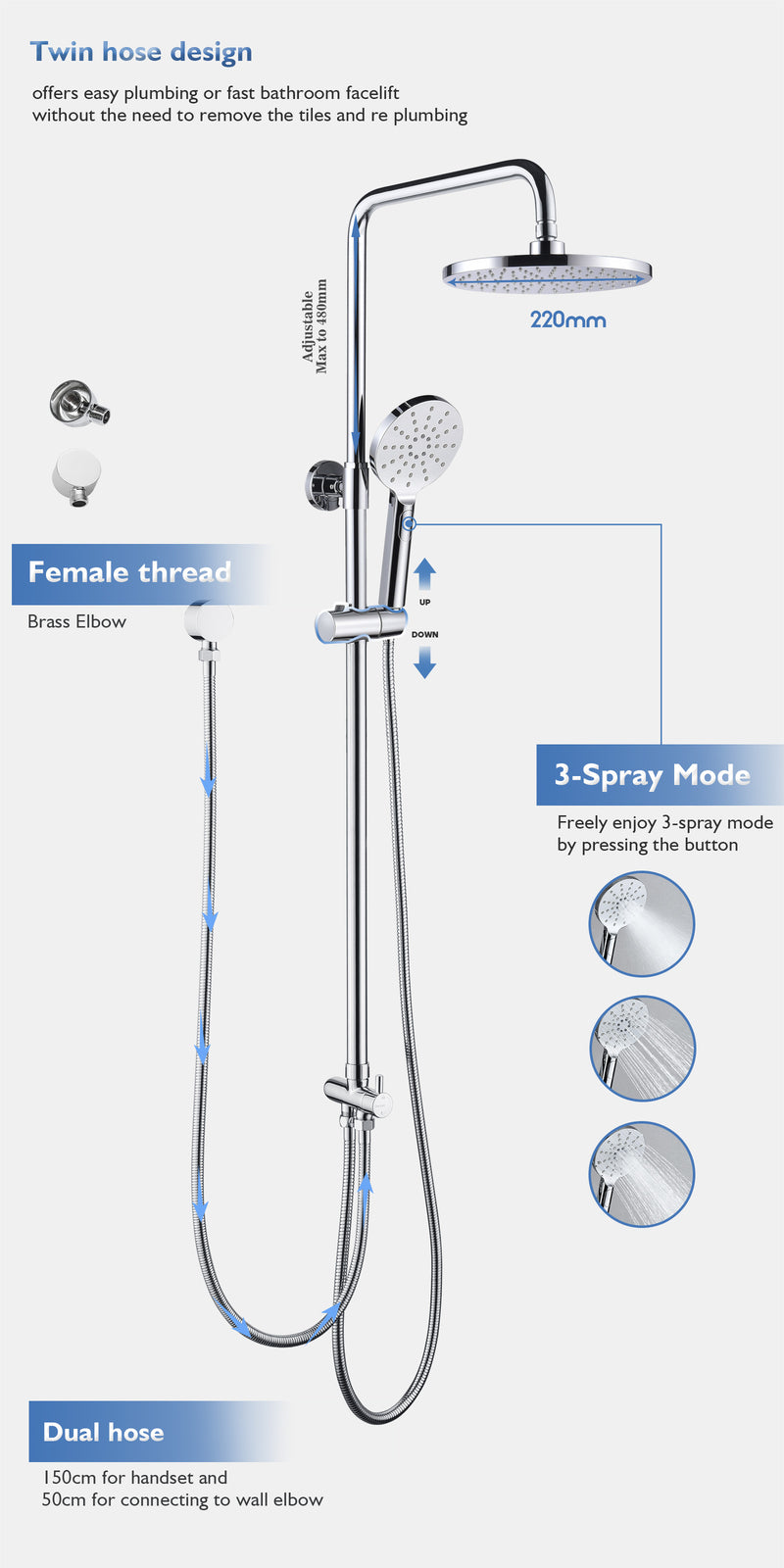 Decaura 9" Rain Shower Head Set Separate Water Inlet Elbow Sliding Mixer Taps