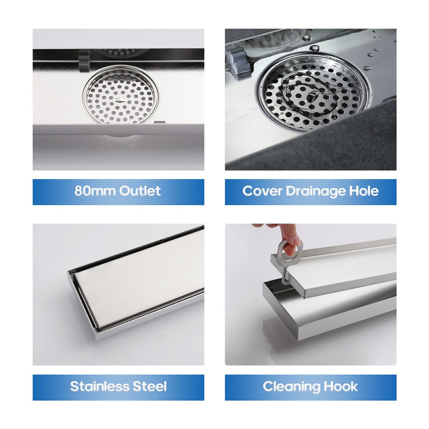 Decaura 600mm Tile Insert Shower Grate Floor Drain 80mm Waste Outlet Brushed