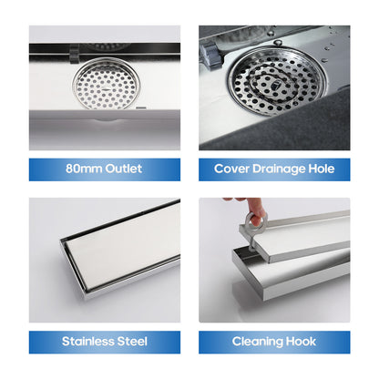 Decaura 600mm Tile Insert Shower Grate Floor Drain 80mm Waste Outlet Brushed