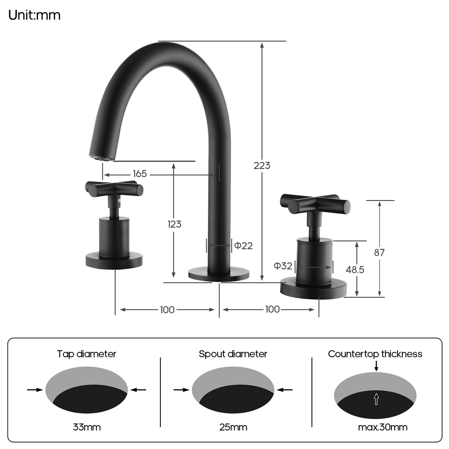 Decaura Black Basin Tap Set Cross Handle 1/4 Turn Swivel Spout Bathroom Vanity
