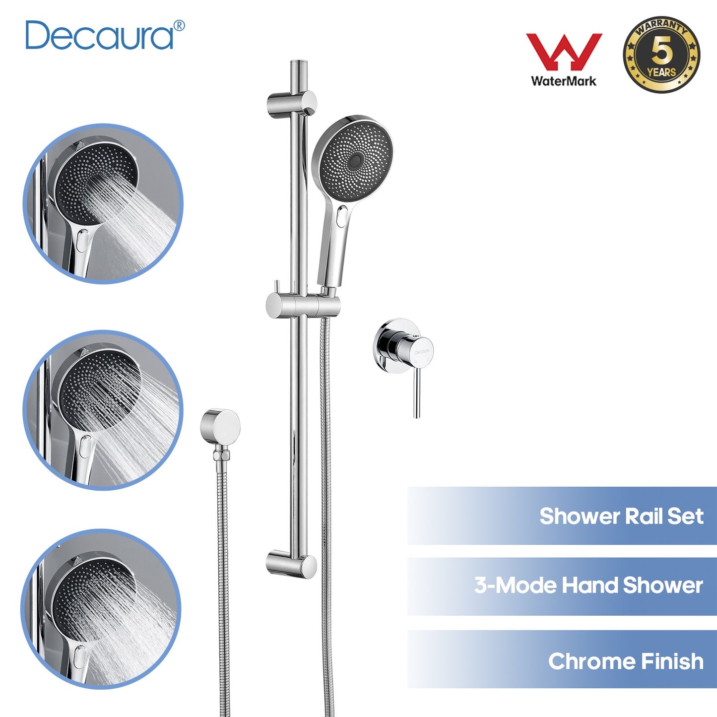 WELS Hand Held Shower Head on Sliding Rail Bar Chrome Round Shower Mixer Taps