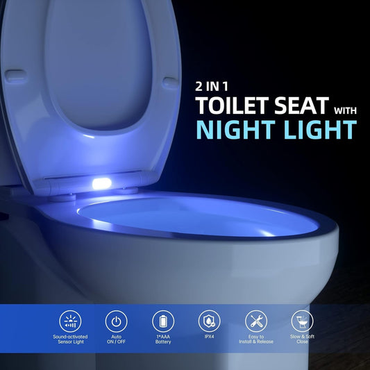 AQUATIZ Night Light Round Toilet Seat with Sound-Activated Sensing Light