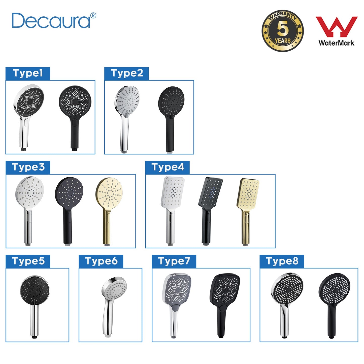 Decaura Hand Held Shower Head 3/4/5-Mode Spray Bathroom Round/Square Bathroom