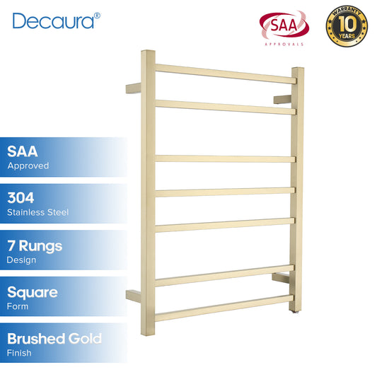 Square Wall Mounted Heated Towel Rail Brushed Gold 7 Rungs 304 Stainless Steel