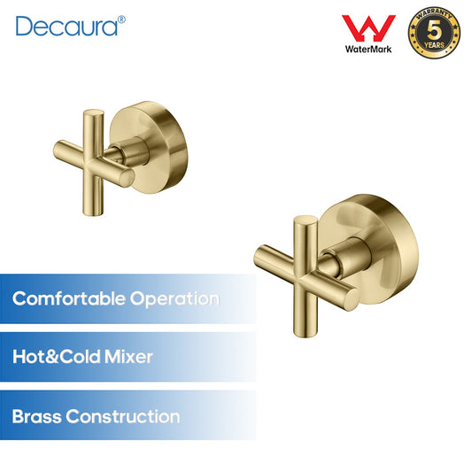 Decaura Round Shower Tap Brushed Gold 1/4 Turn Cross Handle Wall Top Assemblies