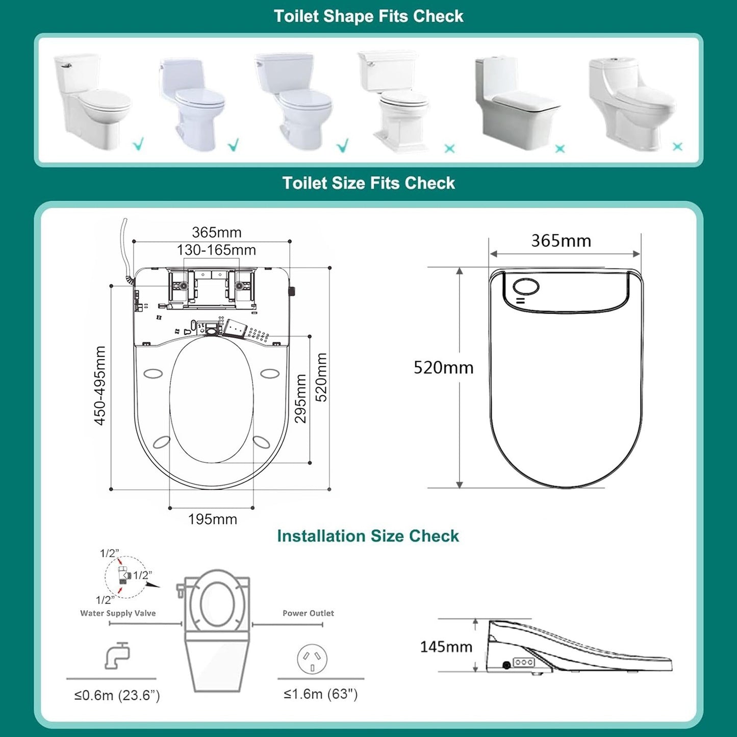 AQUATIZ D-Shaped Smart Bidet Seat, Auto Open/Close Lid, Oscillating Wash