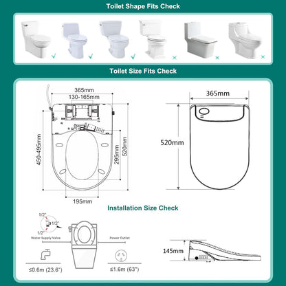 AQUATIZ D-Shaped Smart Bidet Seat, Auto Open/Close Lid, Oscillating Wash