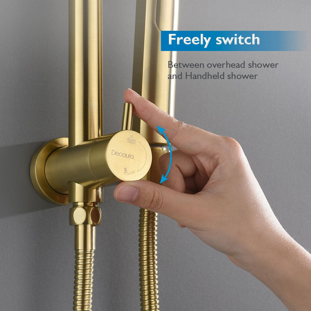 Decaura 9" Rain Shower Head Set Brushed Gold Gooseneck Arm 3-Mode Hand Held