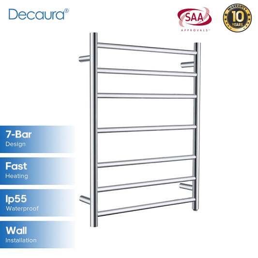 Decaura Wall Mounted Heated Towel Rail Rack 7 Rungs Chrome 304 Stainless Steel