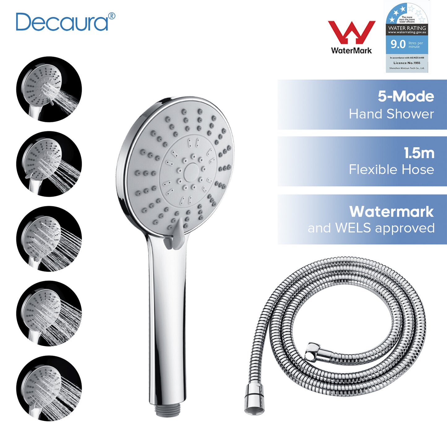 Decaura 5-Mode Hand Held Shower Head with 1.5m Shower Hose Chrome High Pressure