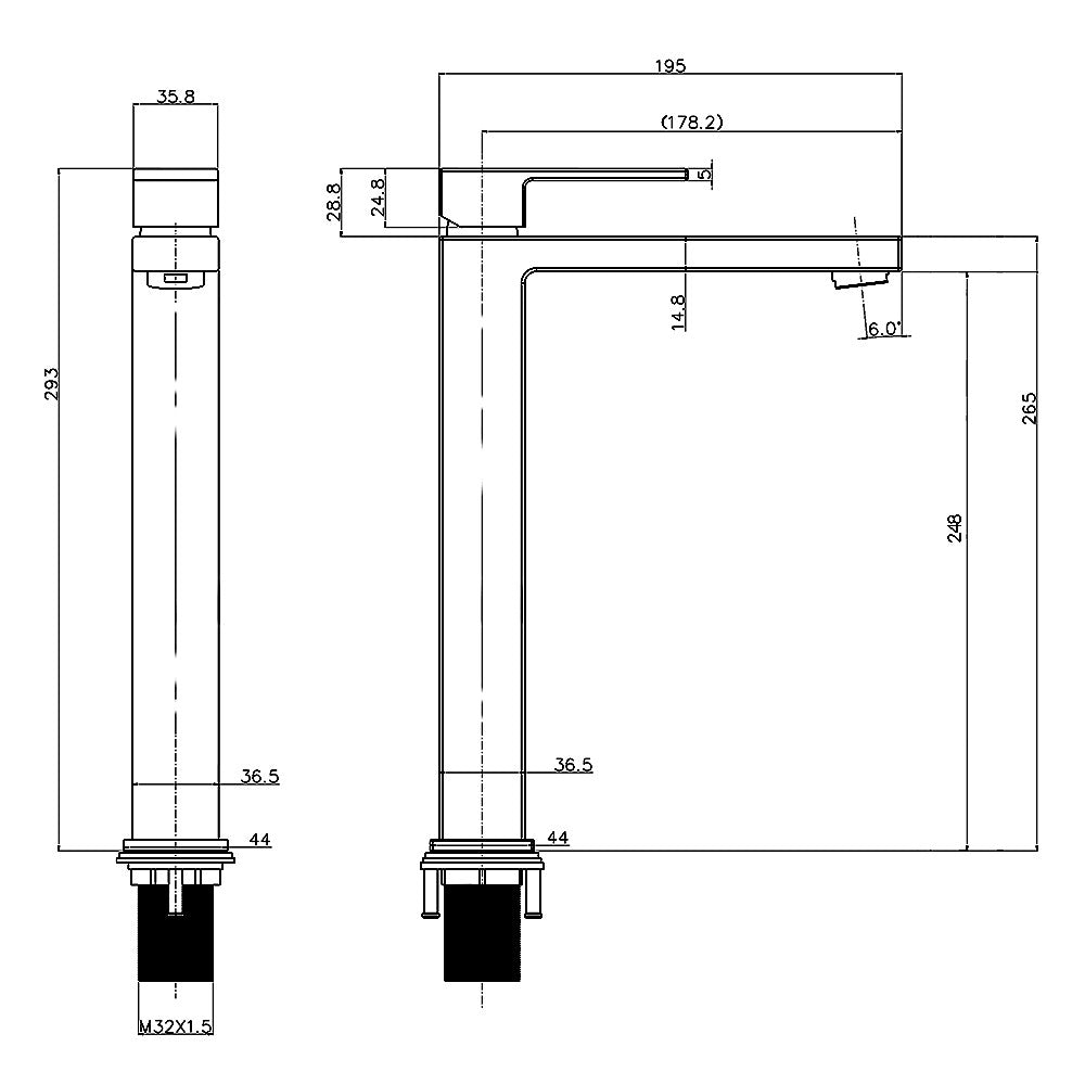 Decaura WELS Tall Bathroom Basin Mixer Tap Black Square Vanity Faucet Brass