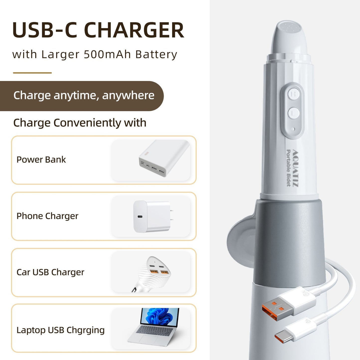 Aquatiz Portable Bidet for Travel, Electric Rechargeable Handheld Travel Bidet