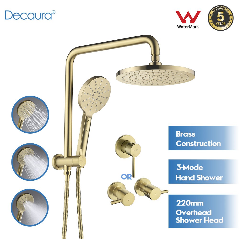 Decaura 9" 2 in 1 Shower Head Set Brushed Gold Gooseneck Arm Wall Tapware Mixer