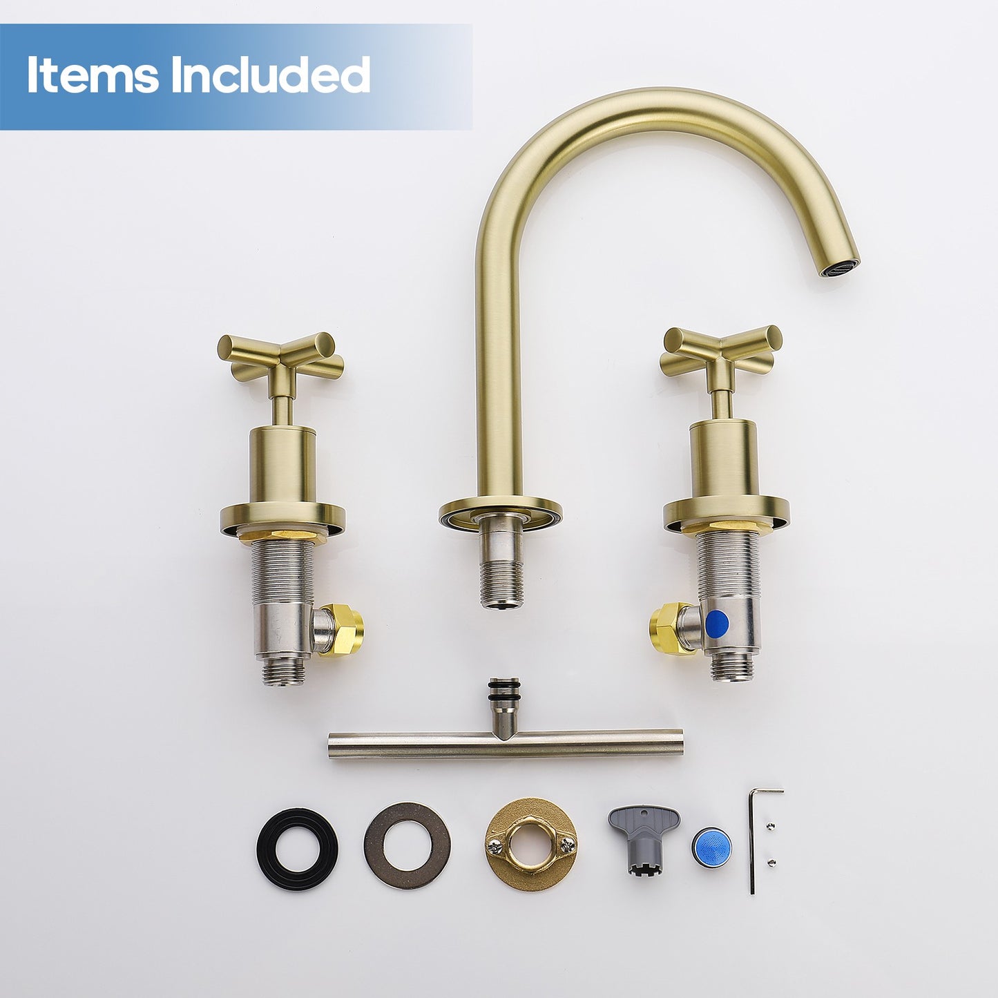 Decaura Basin Tap Set Brushed Gold Cross Handle 1/4 Turn Swivel Spout Bathroom