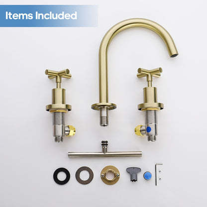 Decaura Basin Tap Set Brushed Gold Cross Handle 1/4 Turn Swivel Spout Bathroom