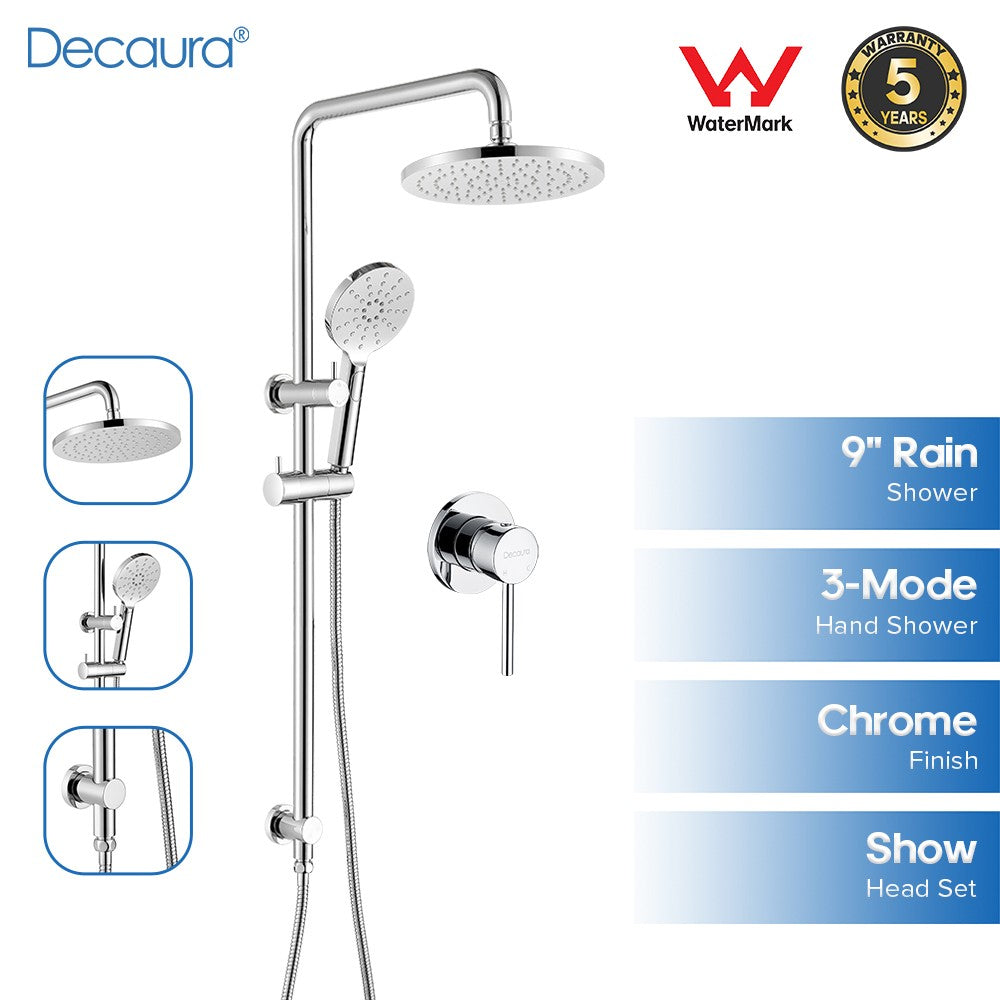 Decaura 9" Rain Shower Head Set Chrome 3-Mode Hand Gooseneck Arm Shower Taps