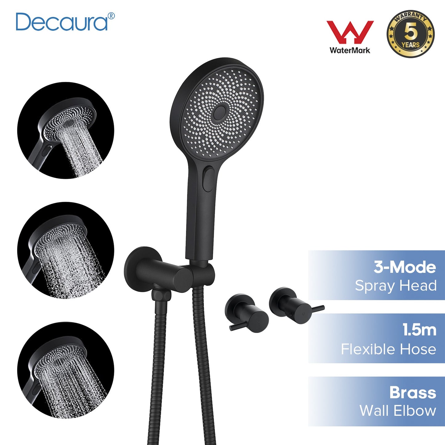 Decaura Large Hand Held Shower Head Set Black with Hose and Mount Shower Taps