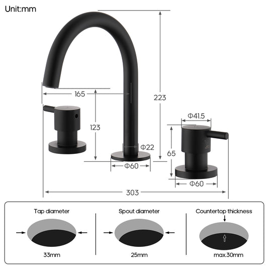 Decaura Black Basin Tap Set Two Handles 360° Swivel Spout and 1/4 turn Mixers