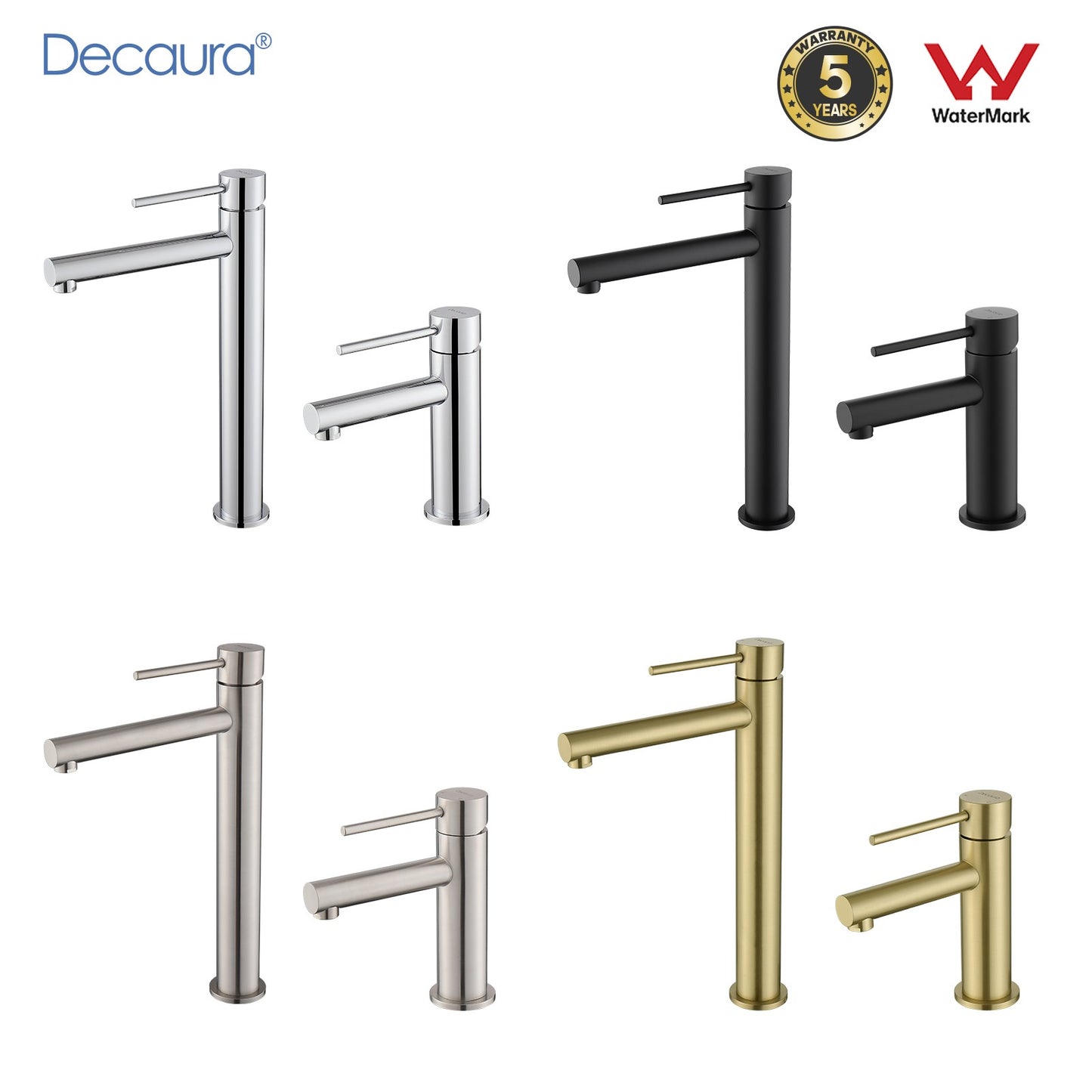 Decaura Bathroom Basin Mixer Tap Stainless Steel Round Chrome/Brushed/Black/Gold