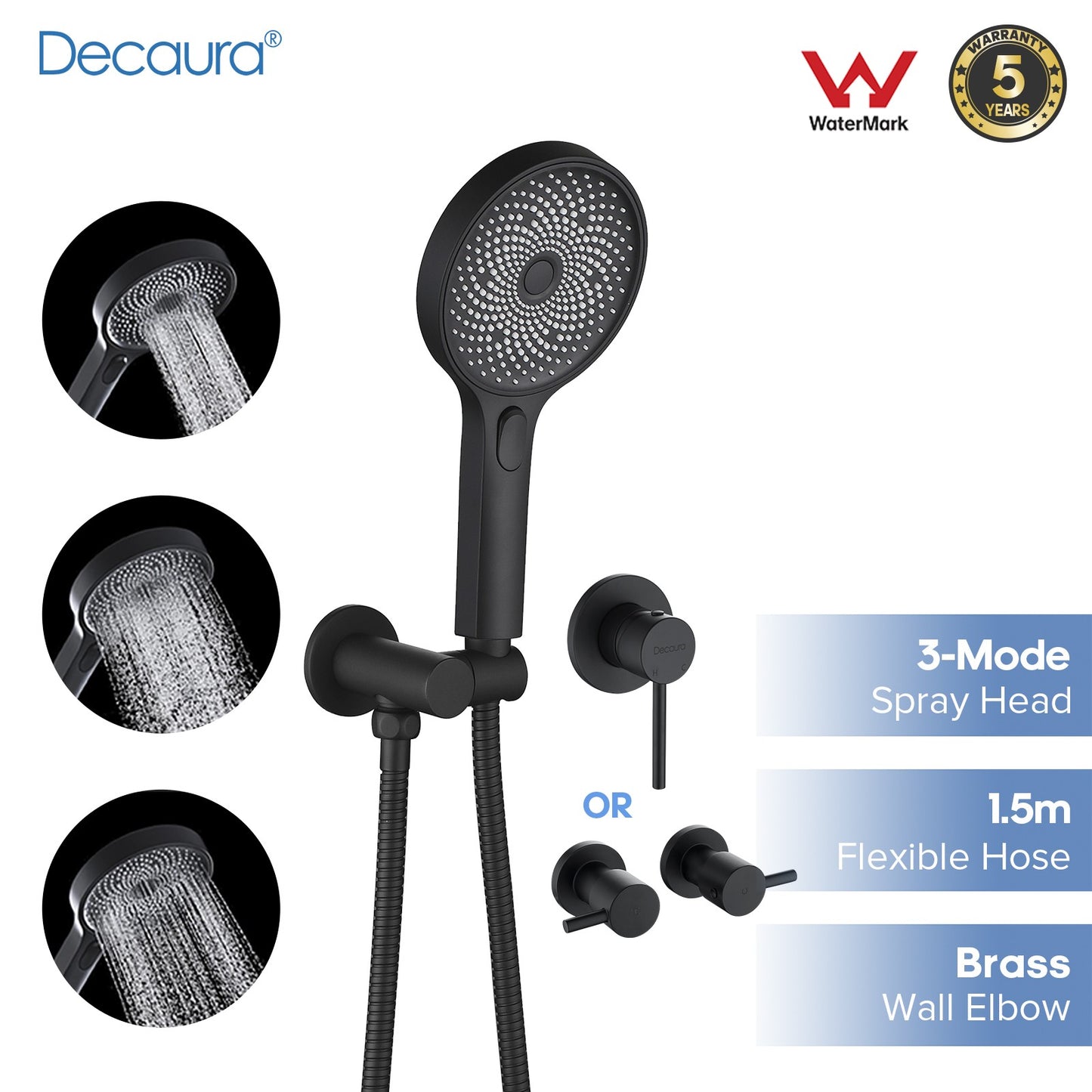 Decaura Large Hand Held Shower Head Set Black with Hose and Mount Shower Taps