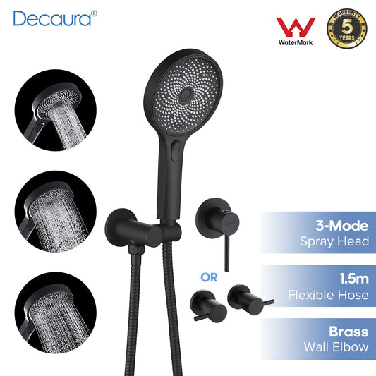 Decaura Large Hand Held Shower Head Set Black with Hose and Mount Shower Taps
